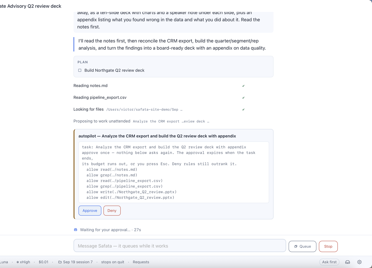 The plan card for the board review: it reads notes.md and pipeline_export.csv and writes the deck — one approval.