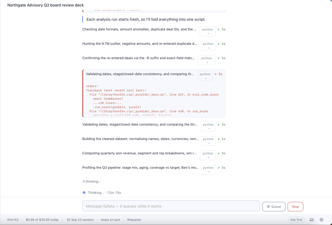 The ladder of steps: checking date formats, amount anomalies and duplicate deal IDs; hunting the 9.7M outlier, negative amounts and re-entered duplicate deals; confirming the re-entered deals via the -R suffix; one crashed step and its retry; building the cleaned dataset; profiling the Q3 pipeline.